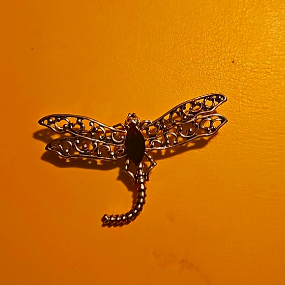 Black Rhinestones Dragonfly Brooch Pin Silver Tone Filigree Vintage Jewelry - Picture 6 of 6